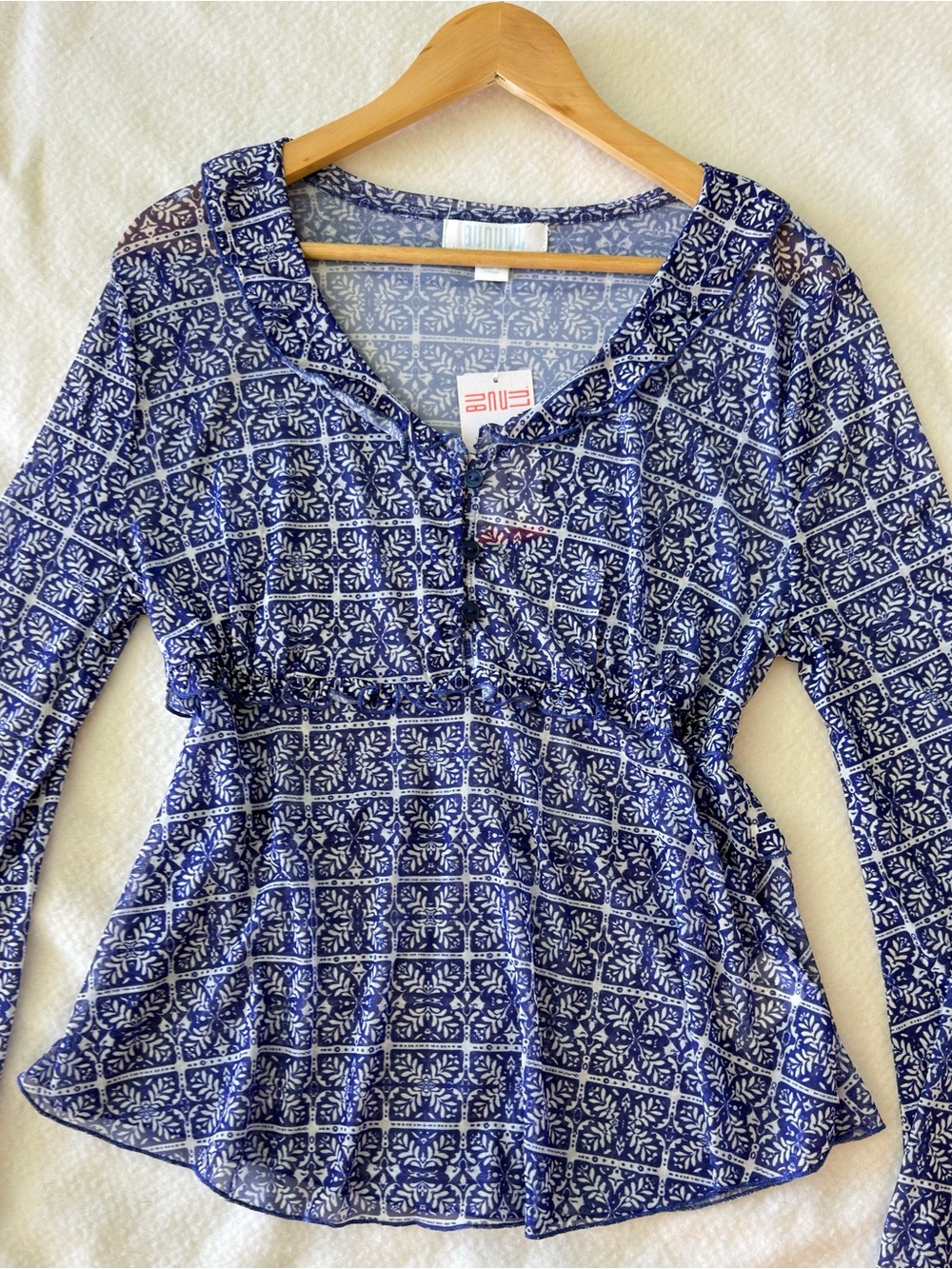 Blue Printed Long-Sleeve Women's Peasant Top